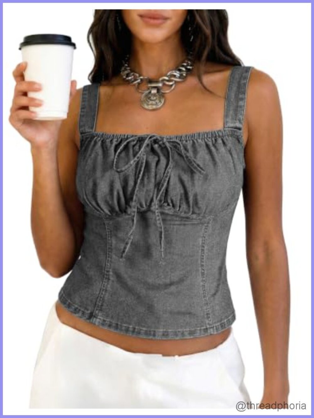 Denim Corset Top Women Jean Vest Crop Smocked Back Square Neck Country Concert